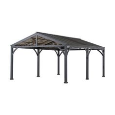 a metal structure with a wooden roof on a white background in the style of an open air pavilion