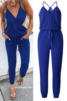 Blue spaghetti strap jumpsuit with drawstring at the waist is perfect as a business casual outfit when worn with a blazer and flat shoes. It also works well as a casual date night outfit. Street style jumpsuit summer outfits| blue jumpsuits for smart style fashion outfit| cute sleeveless jumpsuits  #ootd #casualjumpsuits #partyjumpsuits #bluejumpsuits Fun Suits, Blue Jumpsuits Outfit, Buisness Casual Women, Formal Jumpsuits, Jumpsuit Outfit Casual, Buisness Casual, Casual Date Night Outfit, Outfit Street