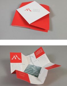 an open red and white folded brochure