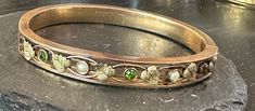 Gorgeous bracelet A & Z 1/10-14k gold filled-well made and great artistic jeweled floral motif in multi gold.  Condition very good for its age, any slight wear commensurate with age.  Size approx. 7", width 1/4", wt.- 18.9 grams.  The jewels are faux Pearls and green tourmaline faceted paste. with bright textured leaves moving between them and it looks like the bracelet is rose gold.  Wonderful antique design and condition! Schmuck Gold, Antique Design, Gorgeous Bracelet, Green Tourmaline, Bracelet Gold, Gold Pearl, Floral Motif, Faux Pearl, Tourmaline