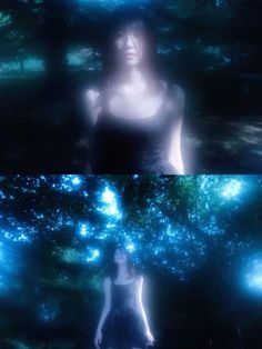 two images of a woman standing in the woods with trees and blue lights behind her