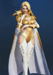 a woman dressed in gold and white standing with her hands on her hips as if she is super hero