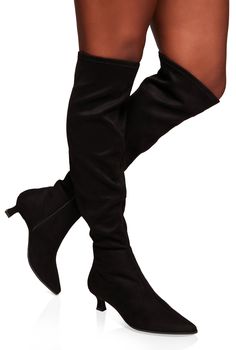 Over The Knee Boot, Pointed Toe, Spool Heel, Low Heel: 1-2 inches, Zippers, Solid, Item Number 1118056636602 Knee Boots Black, Puma Outfit, Clear Shoes, Women Platform Shoes, Fur Shoes, Spool Heel, Rhinestone Shoes, Knee Boot, Denim Shoes