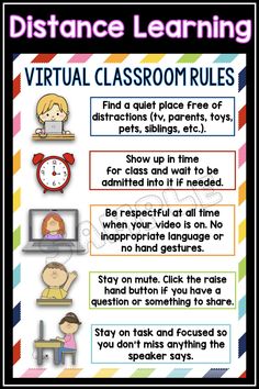 a poster with the text distance learning virtual classroom rules and instructions for students to use