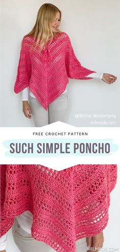 a woman wearing a pink crochet poncho with the text, free croche