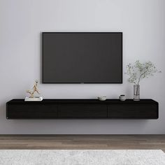 a flat screen tv mounted to the side of a wall next to a vase and potted plant