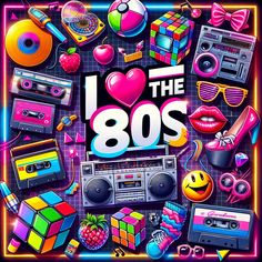 the 80s album cover with various items