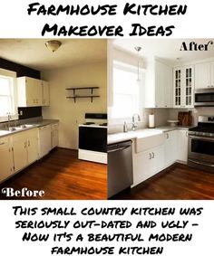 the before and after pictures of a kitchen remodel in white with black accents