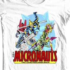 a white t - shirt with an image of the characters from the movie micronauts on it