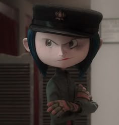 an animated doll with blue hair wearing a green jacket and striped shirt, standing in front of a door