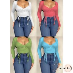 Wholesale Low Cut Drawstring Long Sleeve Slim Crop Tops Online Green Long Sleeve Top With Drawstring, Green Drawstring Tops For Fall, Trendy Green Top With Drawstring, Crop Tops Online, Long Sleeve Tunic, Tunic Top, Autumn And Winter, Low Cut, Tunic Tops