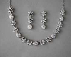 CZ Oval and Flowers Necklace and Earrings Luxury Oval Bridal Necklace, Oval Filigree Wedding Necklace, Luxury Oval Bridal Necklace, Elegant Style, Formal Silver Jewelry Sets With Flower Shape, Victorian Jewelry Set With Matching Earrings, Crystal Wedding Necklace, Wedding Necklace Set, Bridal Necklace Set, Earring Sets