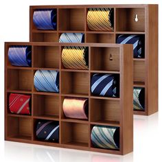 two wooden shelves filled with different types of ties