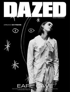 the cover of dazed magazine featuring an image of a woman standing in front of a black background