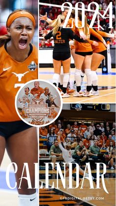 the collage shows images of women's volleyball players in orange and black uniforms