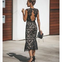 Iso! Size Small Chic Sleeveless Lace Dress For Night Out, Elegant Black Backless Lace Dress, Chic Lace Dress For Date Night, Elegant Backless Lace Dress For Spring, Chic Sleeveless Lace Dress For Date Night, Chic Fitted Lace Midi Dress, Chic Knee-length Lace Dress For Evening, Chic Lace Evening Dress, Fitted Lace Dress For Date Night, Chic Style