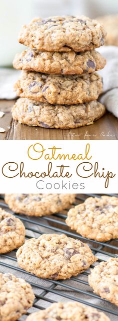 oatmeal chocolate chip cookies stacked on top of each other in front of a cooling rack