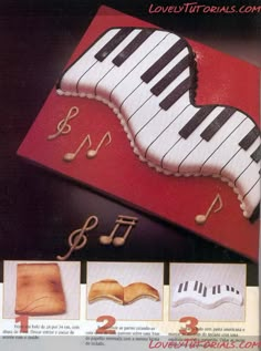 the cake is shaped like a piano keyboard and musical notes on it's side