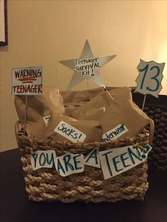 a basket that has some signs in it