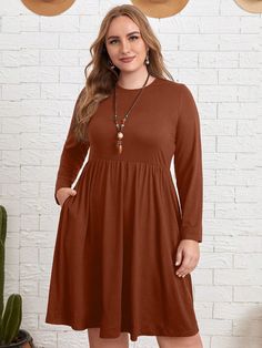 Plus Size Women's Solid Color Simple Casual Round Neck Long Sleeve Brown Fall Dress Brown Casual  Long Sleeve Fabric Plain A Line Slight Stretch Fall Women Plus Clothing, size features are:Bust: ,Length: ,Sleeve Length: Brown Long Sleeve Solid Midi Dress, Brown Long Sleeve Midi Dress, Plain Crew Neck Fall Dresses, Fall Crew Neck Plain Dresses, Fall Crew Neck Dresses, Long Sleeve Plain Midi Dress For Fall, Plain Long Sleeve Midi Dress For Fall, Brown Fall, Fall Dress