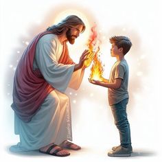 a young boy standing next to a statue of jesus holding a lit candle in his hand