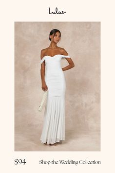 Make your big day truly unforgettable with the Lulus Divinely Romantic White Mesh Off-the-Shoulder Mermaid Maxi Dress! Stretchy mesh fabric shapes this sultry-yet-sweet dress that has a stunning, off-the-shoulder neckline and a fitted bodice with hidden no-slip strips. Flattering ruching creates a bodycon silhouette that flatters all your curves as it falls to a mermaid-style maxi skirt with a decadently gathered design and a graceful train at the back. Hidden back zipper/clasp. Fit: This garmen Mermaid Maxi Dress, Dress With Ruching, Maxi Skirt Style, Mermaid Style, Mermaid Fashion, White Mesh, Sweet Dress, Dress 100, Dance Dresses