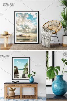 three different views of the ocean and beach from an empty room with a blue vase