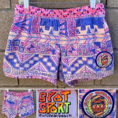 Vintage Spot Sport European Beach Geometric Short Shorts Neon Logo 80s Size S  | eBay Summer Festival Bottoms With Graphic Print, Pink Graphic Print Shorts For Summer, Fitted Shorts For Summer Music Festival, Casual Pink Shorts For Beach Party, Multicolor Casual Bottoms With Retro Print, Casual Multicolor Bottoms With Retro Print, Fitted Graphic Print Beach Bottoms, Fitted Graphic Print Bottoms For The Beach, Beach Bottoms With Multicolor Graphic Print