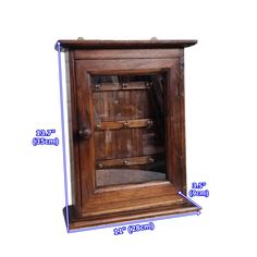 a wooden cabinet with measurements for the top and bottom section, including an open door