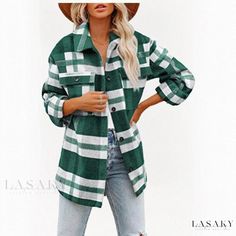 Lasaky - Womens Flannel Oversized Checkered Shirt Jacket Style Vert, Womens Coats, Cardigan Outfits, Checkered Shirt, Moda Plus, Pocket Jacket, Green Coat, Woolen Coat, Turndown Collar