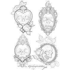 three frames with skulls and leaves on them