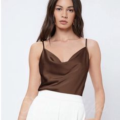 Brown Glamorous Cowl Neck Spaghetti Straps Camisole Top Cami, Draped Regular Fit Non-Stretchy Satin 100% Polyester Shop Our Boutique For Styles/Events: Romantic Date Night Bride Lingerie Boho Gypsy Hippie Beachy Birthday Gift Resort Bohemian Wedding Guest Engagement Party Bachelorette Vacation Cruise Travel Western Aesthetic Vibe Retro Christmas Thanksgiving Holiday Chic Casual Dressy Preppy Tiktok Classic Classy Work Office Business Contemporary Professional Workplace Wear Loose Fit Relaxed Dre Elegant Sleeveless Tops With Straps, Party Camisole Top With Delicate Straps, Elegant Spaghetti Straps Vest Top, Party Cami Tank Top With Delicate Straps, Elegant Cami Top With Straps, Party Tank Top With Delicate Cami Straps, Elegant Tank Camisole With Straps, Party Camisole With Delicate Straps, Elegant Vest Camisole For Night Out