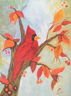 a painting of a cardinal perched on a tree branch