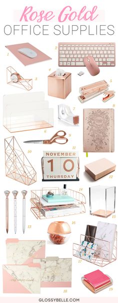 the rose gold office supplies are displayed in this collage with pink and white accents