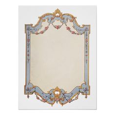 an ornate frame with blue and gold trimmings on the edges, in front of a white background