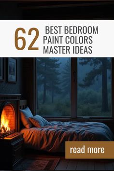 a bed sitting in front of a fireplace with the words 52 best bedroom paint colors master ideas