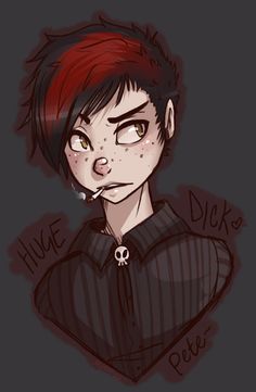 a drawing of a boy with red hair and piercings on his nose, wearing a black