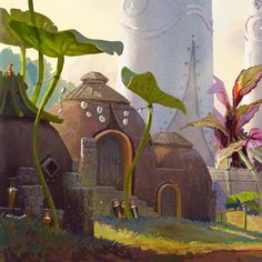 an artistic painting of a futuristic city with plants and flowers in the foreground, on a sunny day