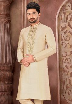 Hand Embroidered Art Silk Kurta in Light Beige : MLC473 Traditional Cream Fabric With Gold Embroidery, Traditional Gold Embroidered Fabric For Formal Events, Festive Beige Set With Gold Embroidery, Festive Beige Traditional Wear With Gold Embroidery, Gold Kurta With Floral Embroidery For Eid, Embroidered Gold Kurta For Traditional Ceremonies, Traditional Cream Kurta With Gold Embroidery, Cream Traditional Wear With Gold Embroidery For Festivals, Gold Kurta With Floral Embroidery For Wedding