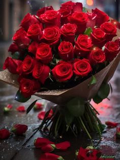 a bouquet of red roses on the ground