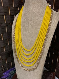 Clear polki long mala, pearl work. 5 layers of bead work and one line of polki . listed as just mala Bride or groom both can wear. Pearl Work, Bead Work, Beaded Necklace, Beads, Yellow, How To Wear