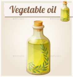 a bottle of vegetable oil with leaves on the label - food objects objects / objects illustrations