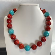 Nwt Midwest Amber Coral, Sterling, And Faux Turquoise 20” Necklace Stunning Statement Necklace From Midwest Amber Large 17mm Coral Beads And Faux Turquoise Beads With Sterling T Clasp And Findings (Spacer Beads) Turquoise Necklace With Large Beads For Jewelry Making, Adjustable Turquoise Necklace, Turquoise Coral Jewelry, Jean Art, Fish Pendant Necklace, Long Necklace Boho, Bff Necklaces, Handmade Beaded Necklaces, Chunky Jewelry