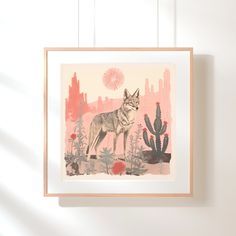 a painting of a wolf in the desert with cactus and sun above it, hanging on a wall