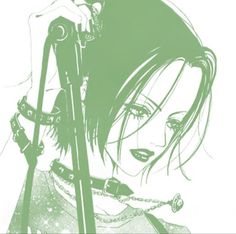 a drawing of a woman with long hair and piercings on her head holding a pole