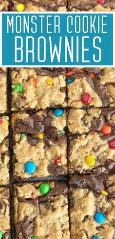 monster cookie brownies with m & m candies on top and the words monster cookie brownies above it