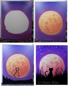 four different paintings of cats in front of a full moon and purple sky with stars