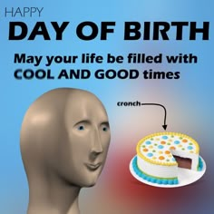 a happy birthday card with a cake being served to a human head and the caption reads, may your life be filled with cool and good times