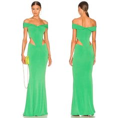 Brand New With Tags, Never Worn, No Flaws! Self & Lining: 93% Poly, 7% Spandex Fully Lined With Nonslip Silicone Lined Neckline Hidden Back Zipper Closure Lightly Draped Off Shoulder Styling Sheen Jersey Fabric With Waist Cut-Outs Green Maxi Dress With Fitted Bodice For Night Out, Green Fitted Maxi Dress For Gala, Fitted Green Maxi Dress For Gala, Fitted Green Dress For Gala, Gown Green, Long Maxi Gowns, Strappy Maxi Dress, Silk Chiffon Dress, Crochet Maxi Dress