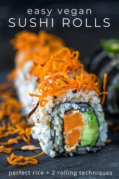 the sushi rolls are made with carrots, avocado and other ingredients